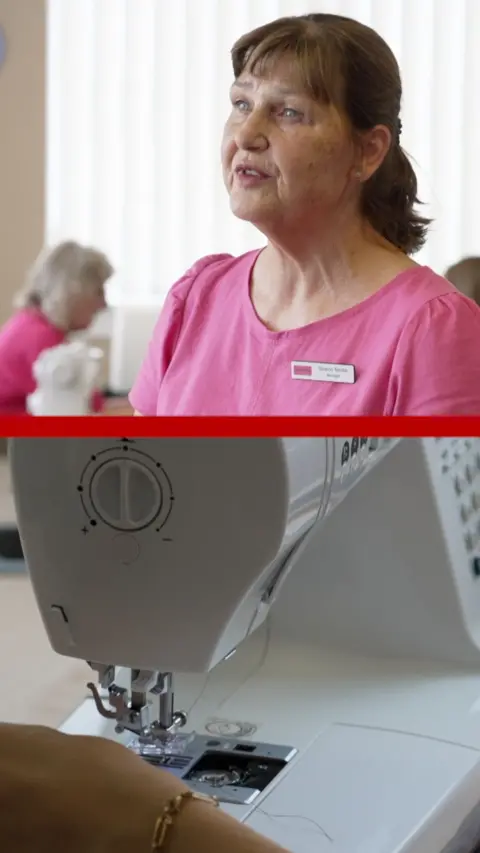 A split image, the top half shows a woman in a pink top with brown hair. The bottom half is a sewing machine.