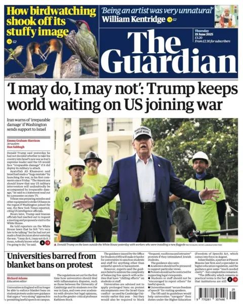 The headline on the front page of the Guardian reads: "I may do, I may not: Trump keeps world waiting on US joining war".