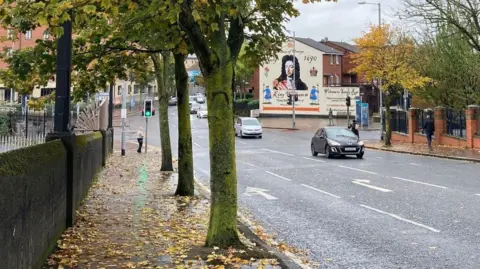 Scene showing a roadworthy  with cars travelling across. There are autumn leaves connected  the crushed  and trees either broadside  of the road. To the right, a mural to King William III.