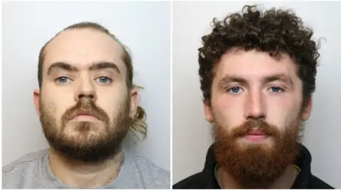 Wiltshire Police Photographs of two black-haired, bearded men - one wearing a gray top and the other a black jacket.