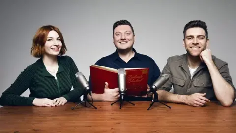 MATT CROCKETT Jamie Morton reading chapters of his dad's questionable erotica to his friends James Cooper and Alice Levine.