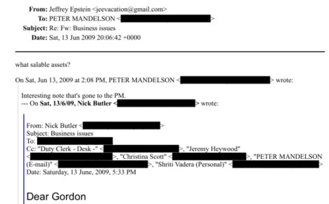 US Department of Justice A screenshot of an email exchange between Lord Peter Mandelson and Jeffrey Epstein. In it, an email from Peter Mandelson dated 13 June 2009 says "Interesting note that's gone to the PM." A reply from Jeffrey Epstein the same day says "what salable assets?"