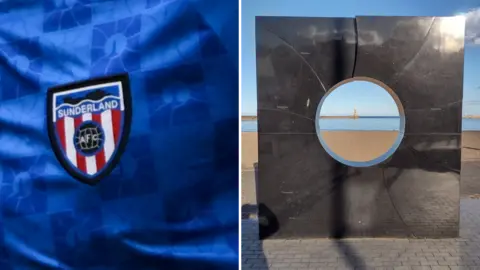 Reuters/Colin Park/Geograph An image of a blue Sunderland shirt, showing the club's badge and a repeated pattern of a lighthouse framed by a circle, alongside an image of C, a grey square sculpture with a hole in the centre, which frames the yellow-brown sandy beach and lighthouse in the background