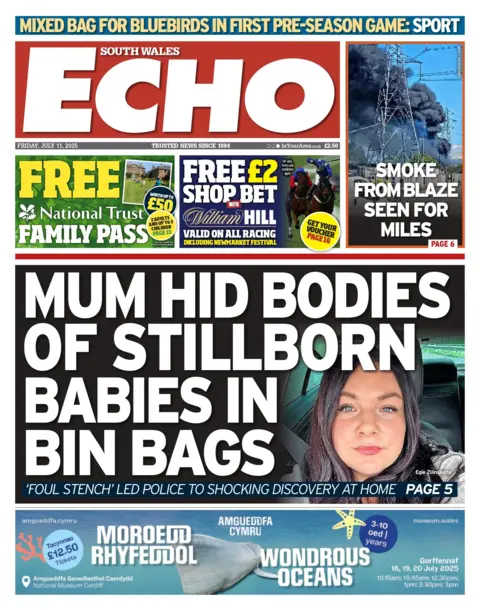 South Wales Echo Front page of the South Wales Echo has a picture of a woman in a car next to the headline mum hid bodies of stillborn babies in bin bags 