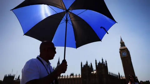 ANDY RAIN/EPA/Shutterstock A man holding a blue and black umbrella against the sun in front of the houses of parliament.