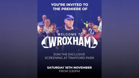 Wroxham FC A promotional poster that reads: You are invited to the premiere of Welcome to Wroxham. Join the exclusive screening at Trafford Park. Saturday, November 16, starting at 5:30 p.m. The poster shows several photographs of people in the club.