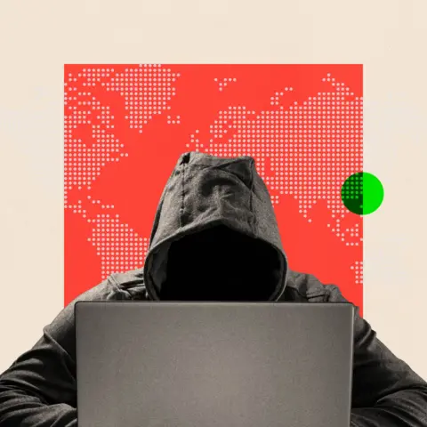 BBC A treated image with a red background showing a hooded figure behind a laptop