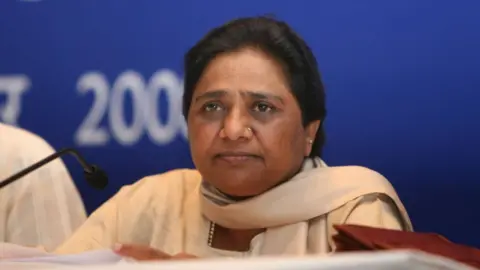 Getty Images Uttar Pradesh Chief Minister and BSP supremo Mayawati addresses a media conference on Nuclear Deal at Oberoi hotel, on September 6, 2008 in New Delhi, India