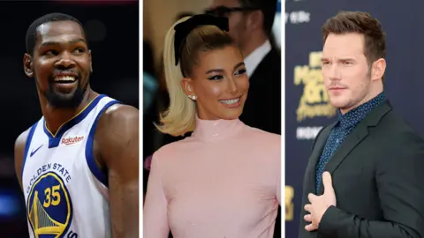 Getty Images Kevin Durant, Hailey Baldwin and Chris Pratt