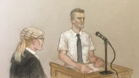 Julia Quenzler Jennifer Dempster QC and James Watson - drawn by court artist Julia Quenzler