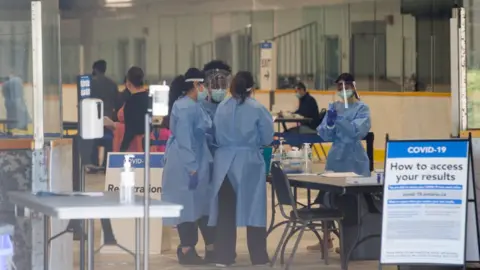 Toronto Star via Getty Images) A Covid-19 test centre is running at Greenbriar Recreation Centre, in Brampton, near Toronto