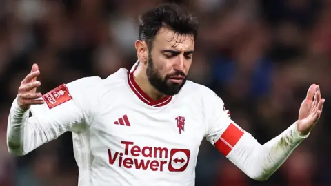 Manchester United's Bruno Fernandes reacts during the FA Cup fifth round win at Nottingham Forest