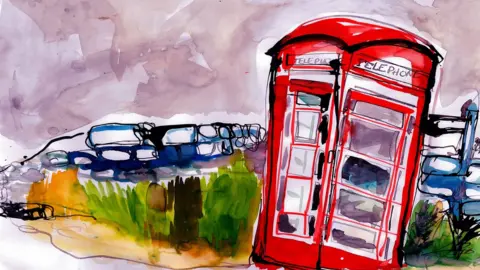 Katie Horwich/BBC A phone box on a country road