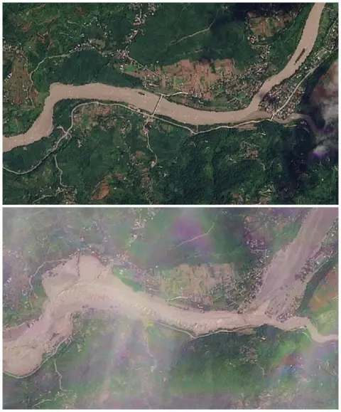 Reuters A combination satellite images showing Khadga Bhanjyang on 23 August before the flash flood and 26 August after the flash flood. The first image shows the river with buildings near and the second shows flooding stretched out onto land