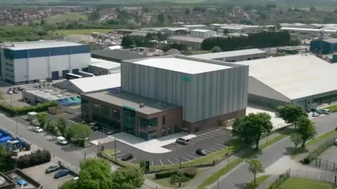 A drone shot of Production Park, a large industrial-like area.
