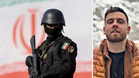 A composite image shows an Iranian security official and Erfan Soltani.