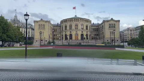 The Storting Building. It is large and ornate made form yellow bricks with a large rounded section. In front of it is a green park.