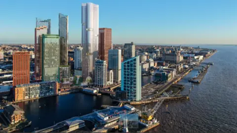A photo of the new imagined 70-storey tower surrounded by other skyscrapers on Liverpool's waterfront