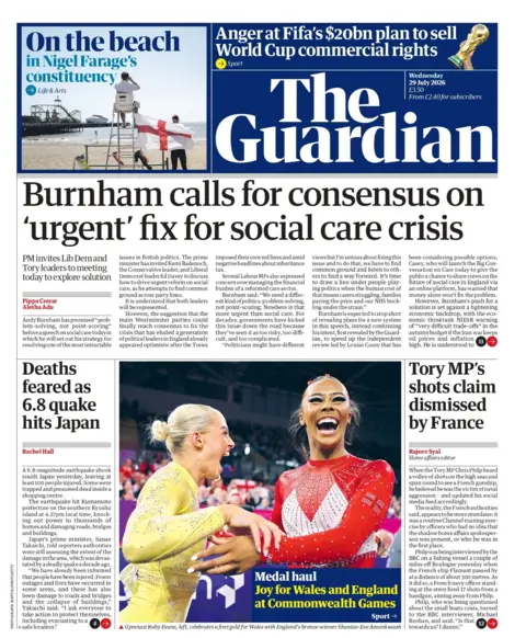 "Burnham calls for consensus on 'urgent' fix for social care crisis," reads the headline on the front page of the Guardian. 