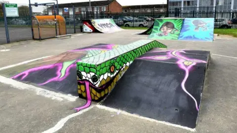 Donna Clifford The Kent Street skate park with different coloured ramps