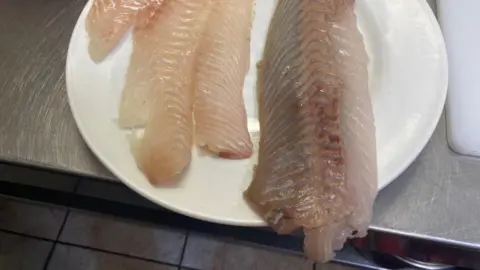 BBC News Two raw fillets of fish on a white plate. On the left is haddock, with pale, cream-coloured flesh. On the right is pollock, a darker grey colour.