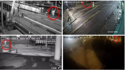 Avon and Somerset Police A composite image of CCTV screenshots around Bristol where Jack O'Sullivan was last seen. There are red circles in each, indicating the student caught on camera.