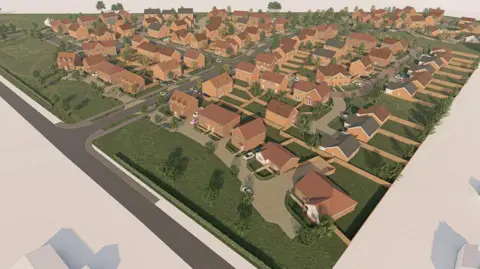 A digital image gives a bird's eye view of a proposed 152-home housing estate, with roads segregating the estate and red brick houses shown surrounded by gardens and green space.