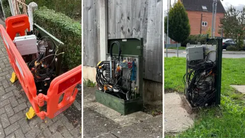 A collage of Virgin Media boxes which have been exposed because the metal covers have been taken.