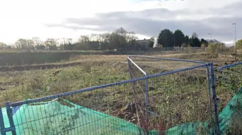 Google streetview of metal grid fence outside a section of green field with overgrown shrubs and tres in background.