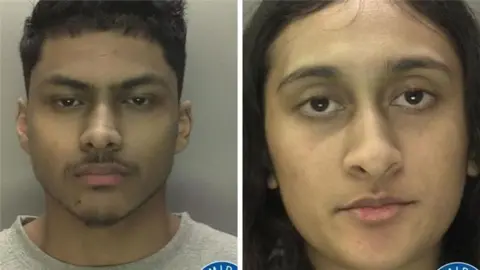 Two police mugshots show a man and a woman. The man has short black hair and a moustache. The woman has straight black hair.