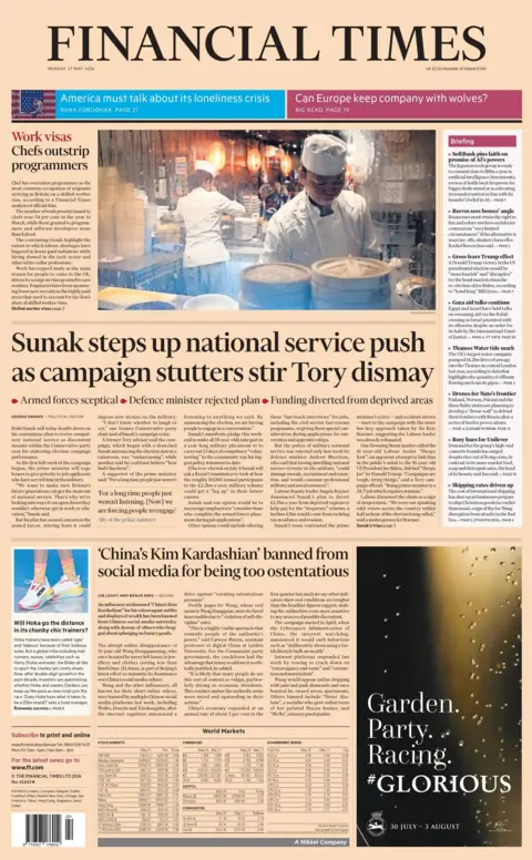 The headline on the front page of the Financial Times read: "Sunak boosts national service as campaign stutter annoys Tories"