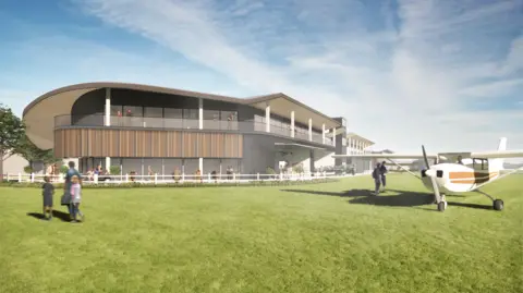 Old Sarum Airfield Ltd An image of a potential housing development at Old Sarum airfield, with a light aircraft on the grass runway.