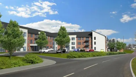 LDRS A CGI image shows what one of the buildings might look like. It is three-storey and T- shaped, with sections of white render between brown brick walls. The area in front of the building contains a ground level car park and manicured lawns with a few trees and low bushes. A road runs past the building into the distance.