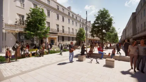 Leamington Transformation Board A CGI artist's impression of the top of Leamington Parade. The area has become pedestrianised, with trees and benches seen in the background. People can seen in the background.