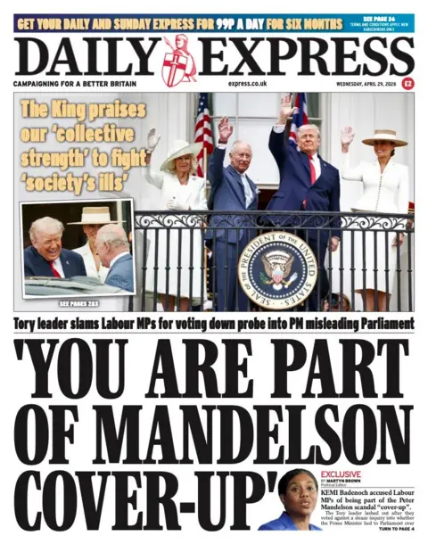 The headline on the front page of the Daily Express reads: "You are part of Mandelson cover-up." 