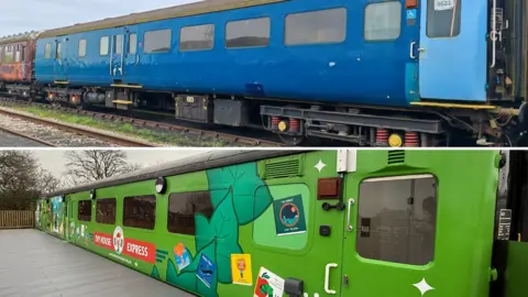 SHAW EDUCATION TRUST / BBC Photos of a train carriage before and after it was converted into a school's library. In the top photo, the carriage is blue and tired looking on a train track. The bottom photo shows the carriage painted green with images of books on. 