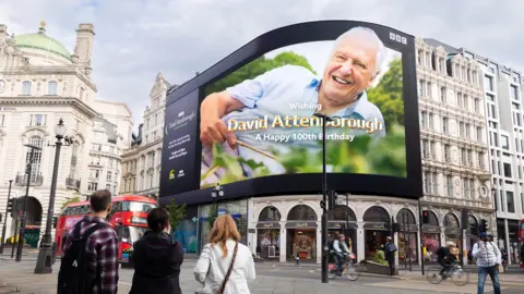 An image of David Attenborough on the Piccadilly Circus screen in central London with text saying 'wishing David Attenborough a happy 100th birthday' as people watch from the street
