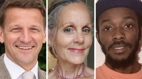 A composite image shows three side‑by‑side portrait photographs presented in a vertical format. The first shows head teacher Russell Clarke, wearing a light-coloured suit jacket, white shirt and textured tie. The second shows parent Ailith Harley-Roberts, with hair tied back, wearing a pink beaded necklace. The third shows former SEND student Kadeem Marshall-Oxley wearing an orange top and a dark cap.