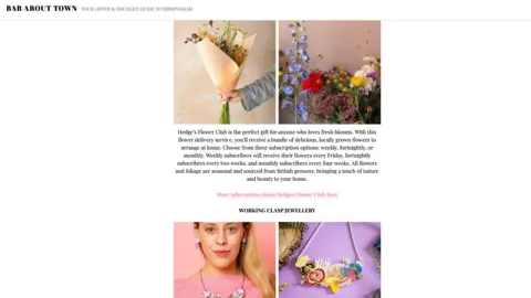 Bab About Town A website screenshot of the Bab About Town website with pictures of flowers and women wearing necklaces 