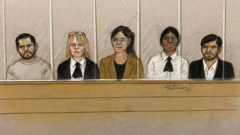 Court sketch of Urfan Sharif, Beinash Batool and Faisal Malik