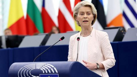 EU Commission president nominee Ursula von der Leyen delivers a speech during her statement for her candidacy at the European Parliament in Strasbourg, eastern France, on July 18, 2024