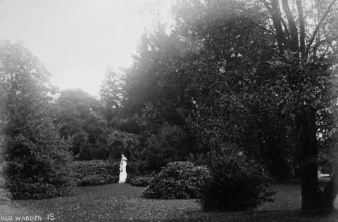 Shuttleworth Trust A black and white photo showing part of the Swiss Garden with a clearing among lots of bushes and trees in full bloom. In one corner of the lawn is a white statue. It is too small to make out any details but looks like a person standing on a plinth.