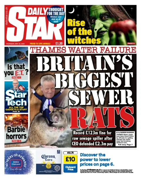 "Britain's biggest sewer rats" reads the headline on the front page of the Daily Star.