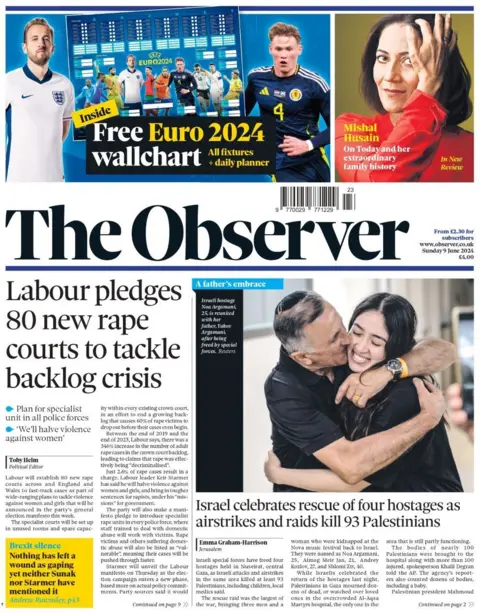 Labour pledges 80 new rape courts to tackle backlog crisis, reads the Observer 