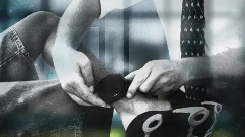 BBC Designed graphic showing a man fitting an ankle tag to another man's leg. Electronic monitoring (known as ‘tagging’) is used in England and Wales to monitor curfews and conditions of a court or prison order.