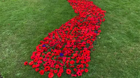 Luke Deal/BBC Close up view of red knitted poppies 