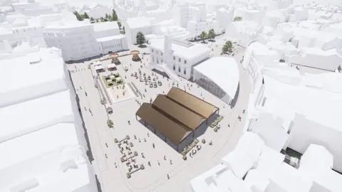 Leicester City Council An artists impression of an aerial view of the market place, with a three roofed market place nearer to the camera and an open area with seating a funfair rides outside Wetherspoons