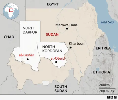 A map showing where el-Fasher, el-Obeid, Khartoum, North Darfur and North Kordofan are in relation to each other