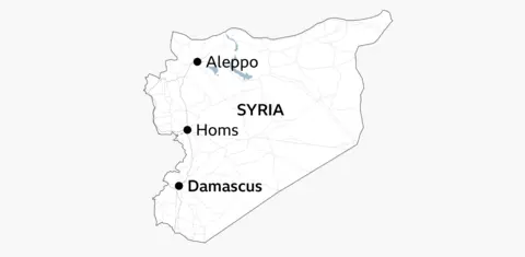 Map showing Damascus, Aleppo and Homs