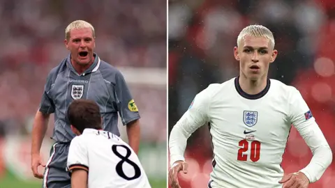 Getty Images Paul Gascoigne and Phil Foden with dyed blond hair